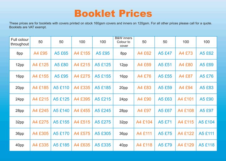Booklet price list